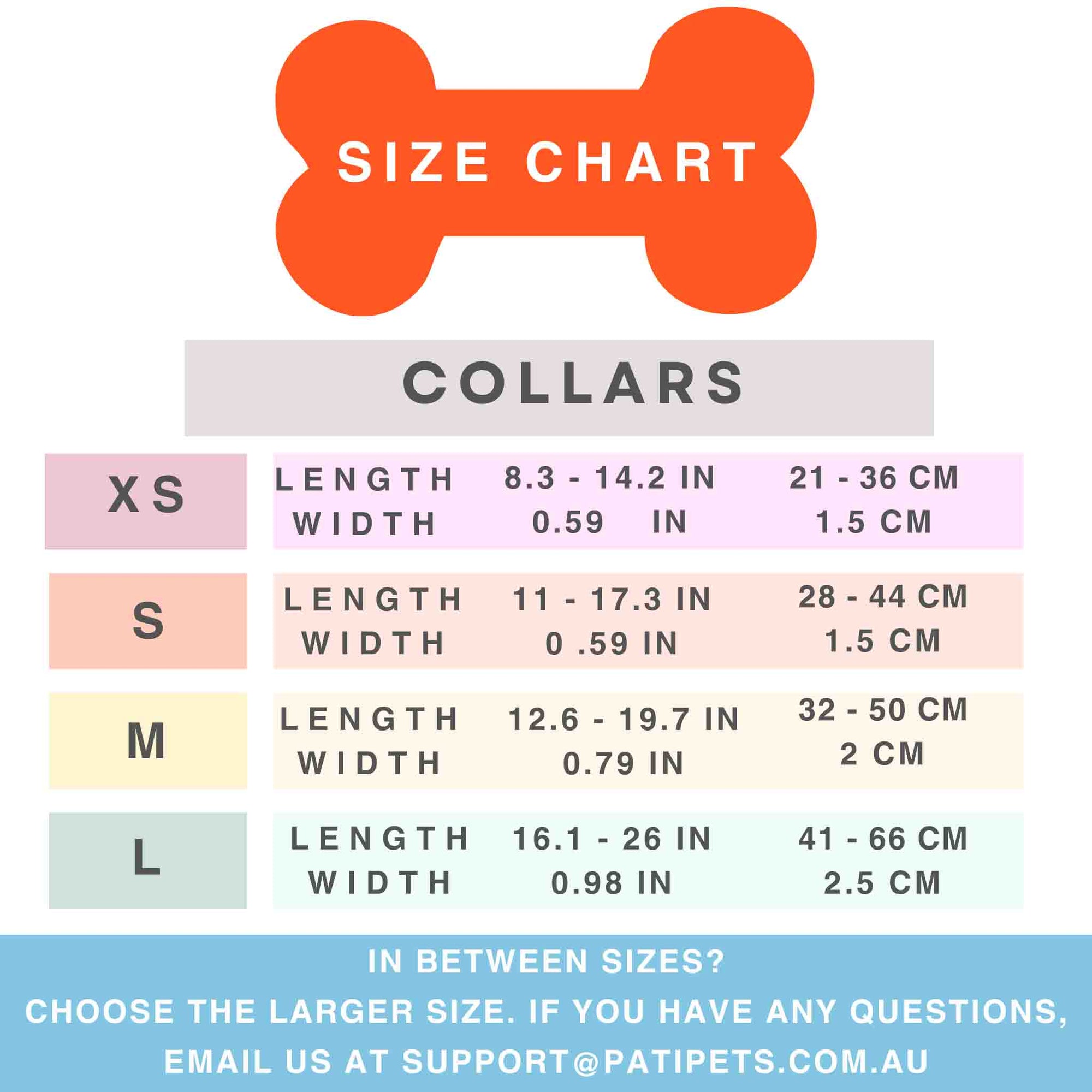 Size chart for Pati Pets Dog Collars