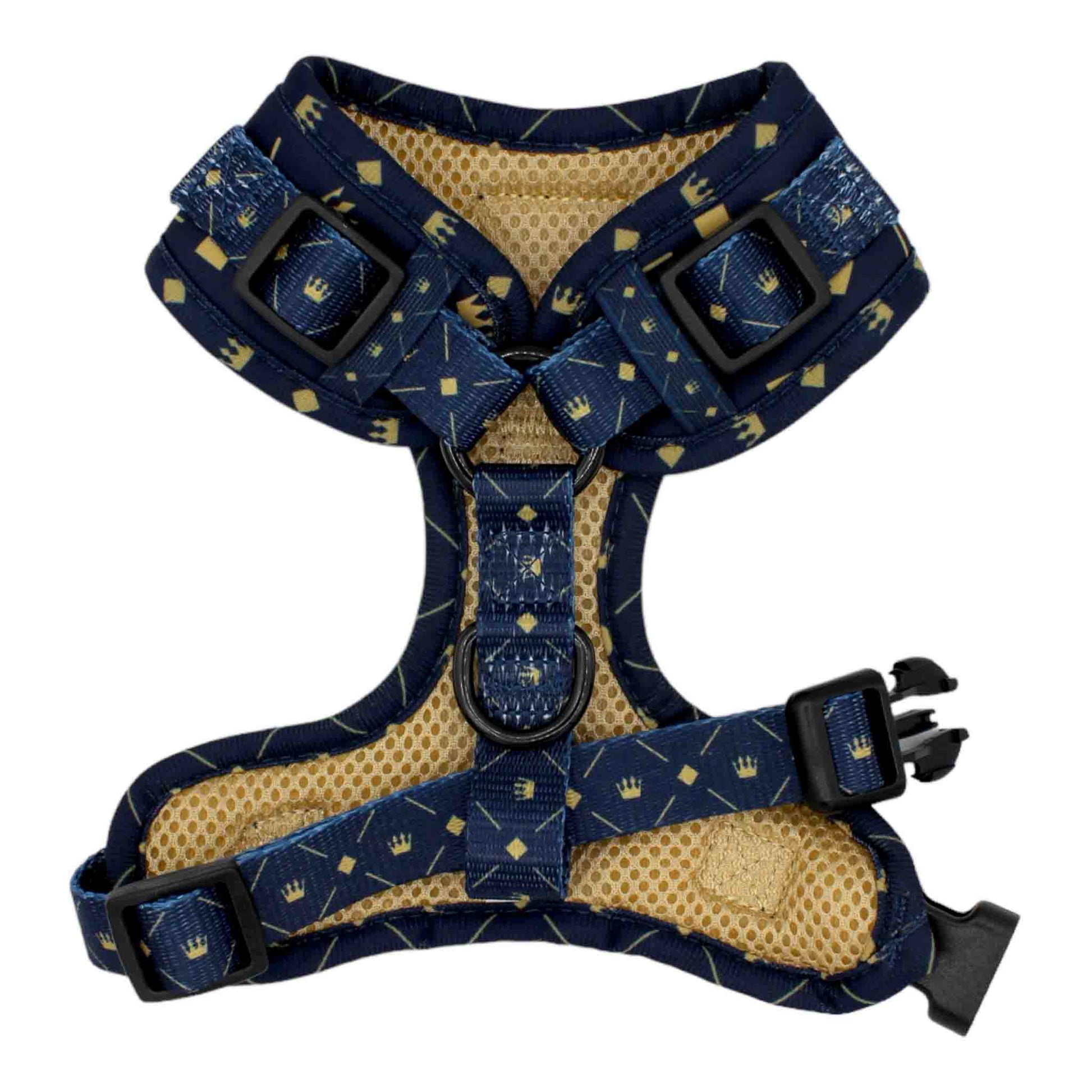 adjustable dog harness midnight blue and beige with crowns and diamonds 