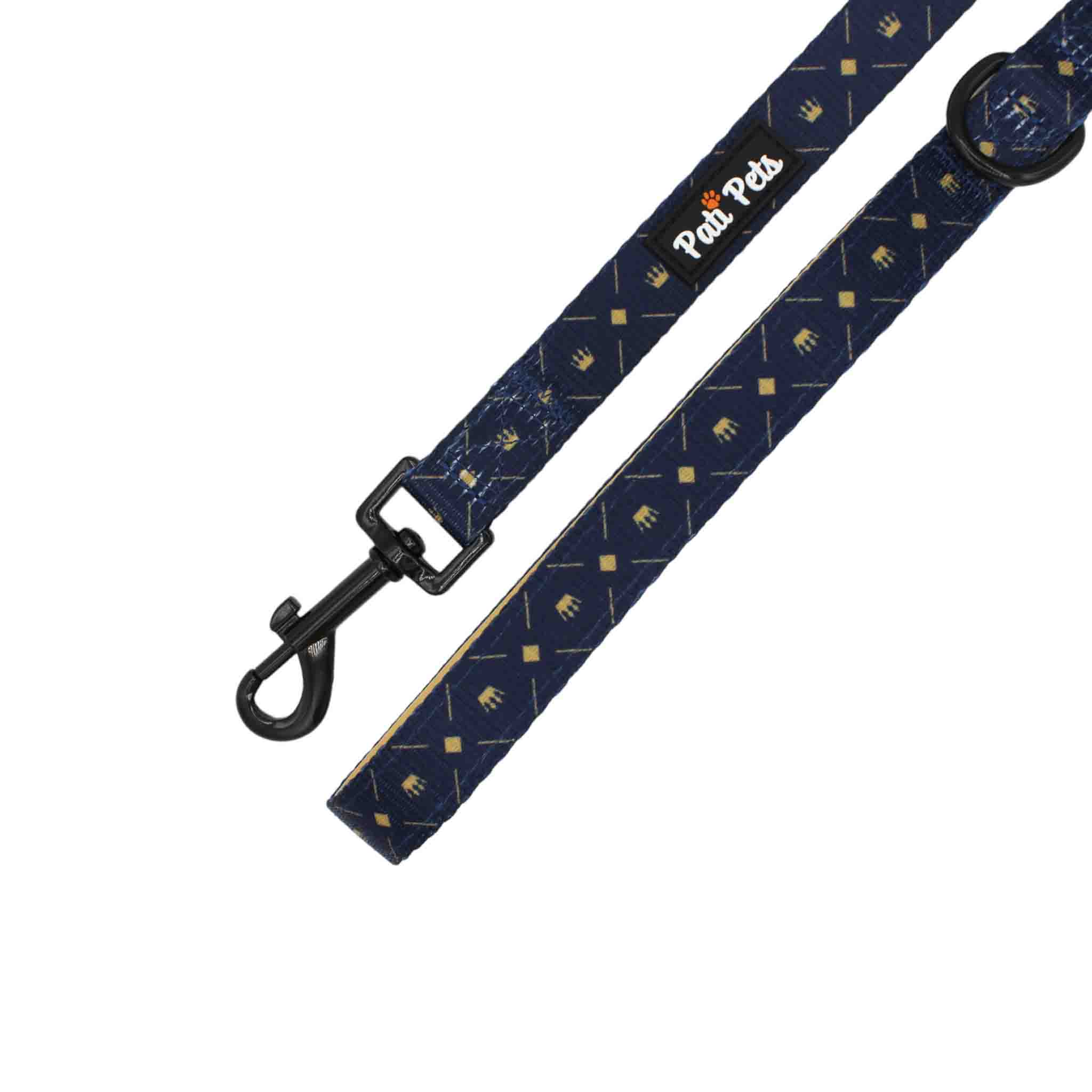 attachable dog leash midnight blue and beige with crowns and diamonds