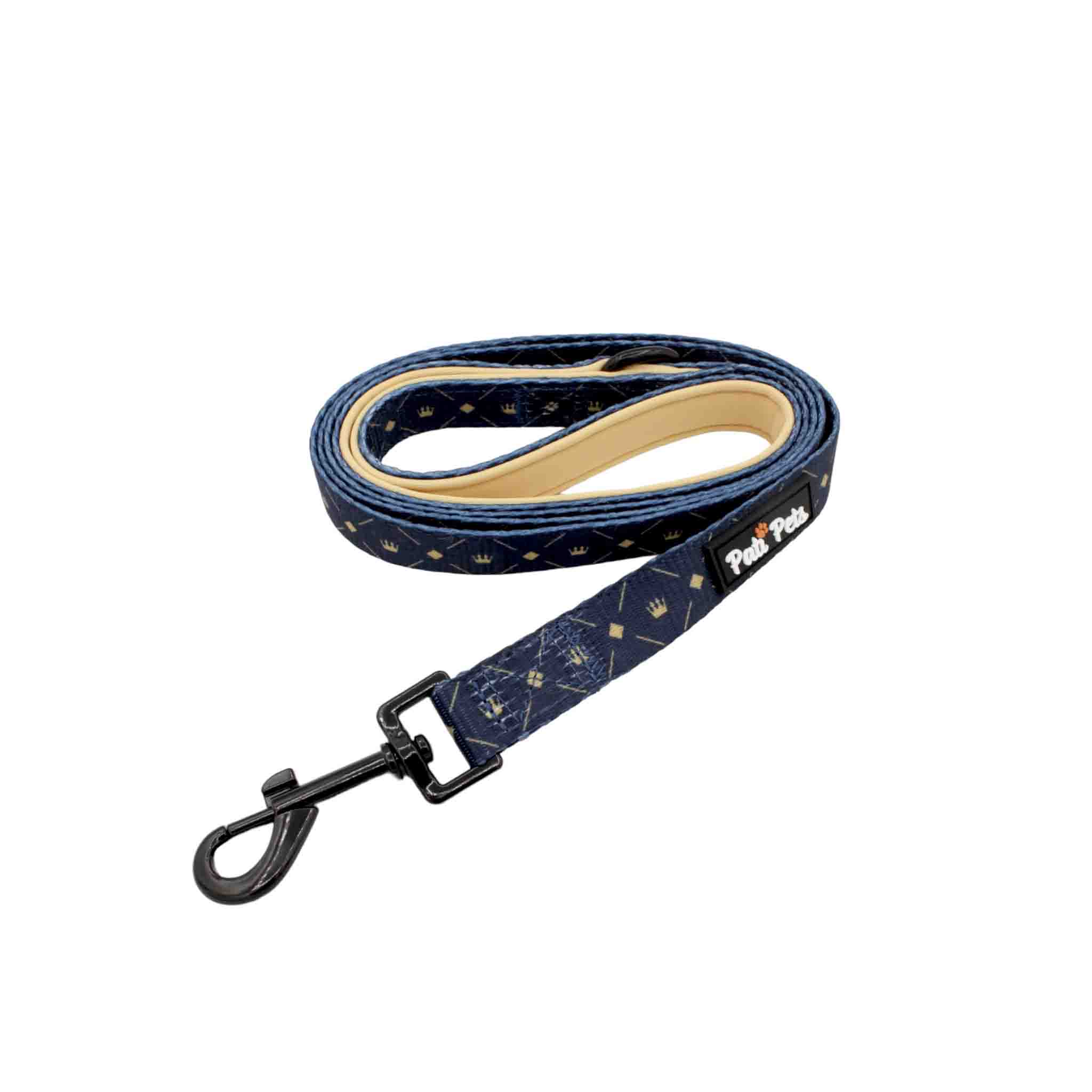 attachable dog leash midnight blue and beige with crowns and diamonds