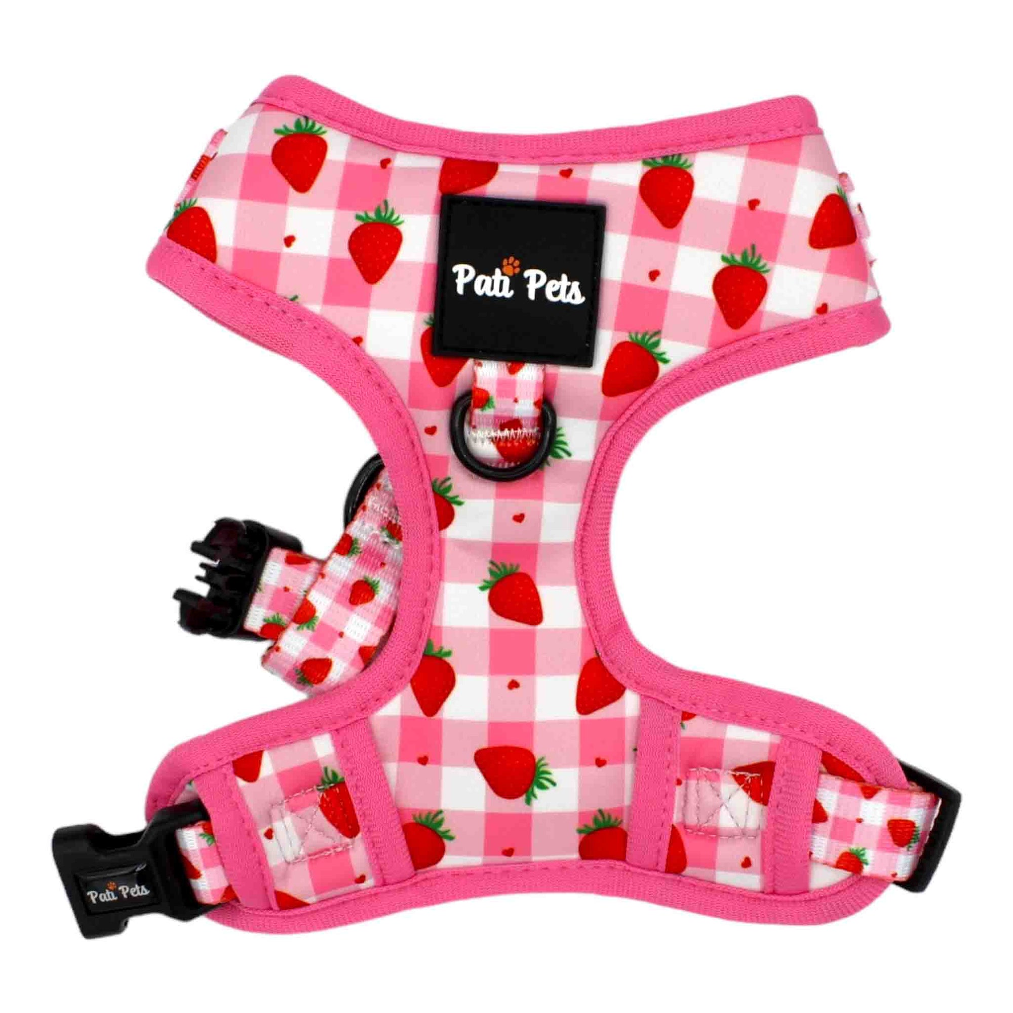 adjustable dog harness pink and white with strawberries