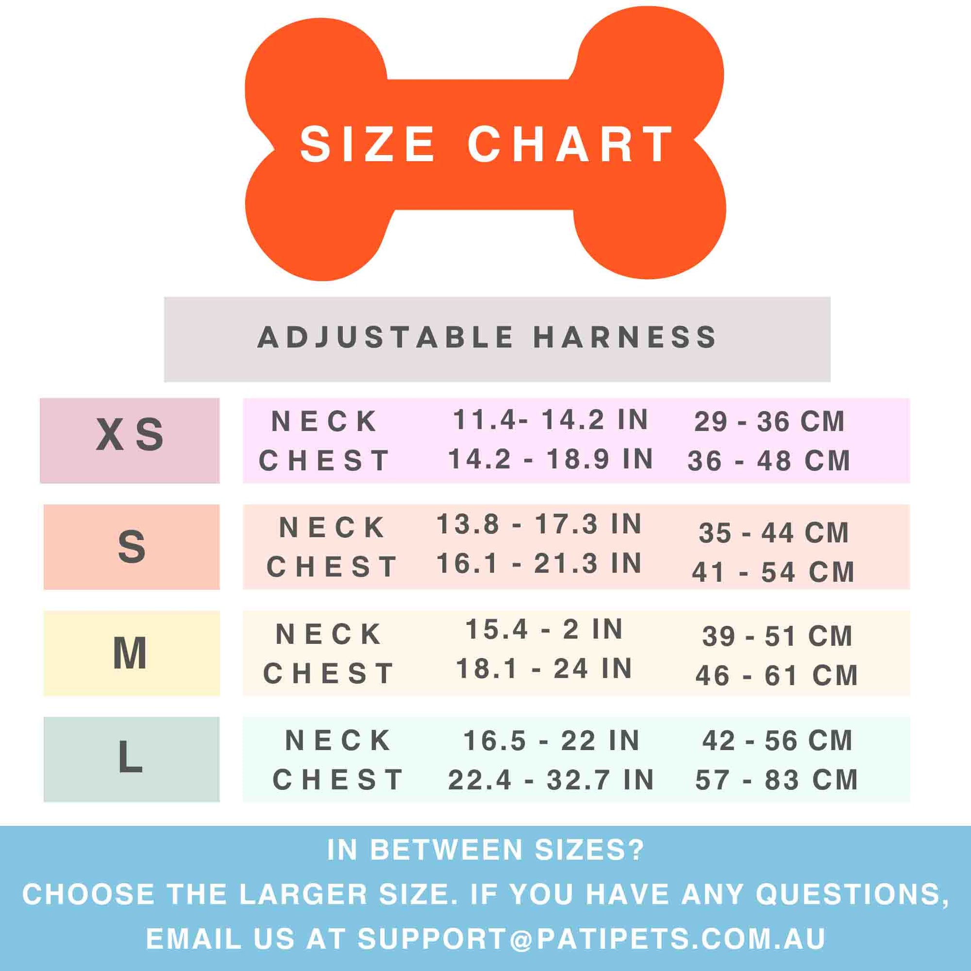 Pati Pets Size Chart for Adjustable Harnesses