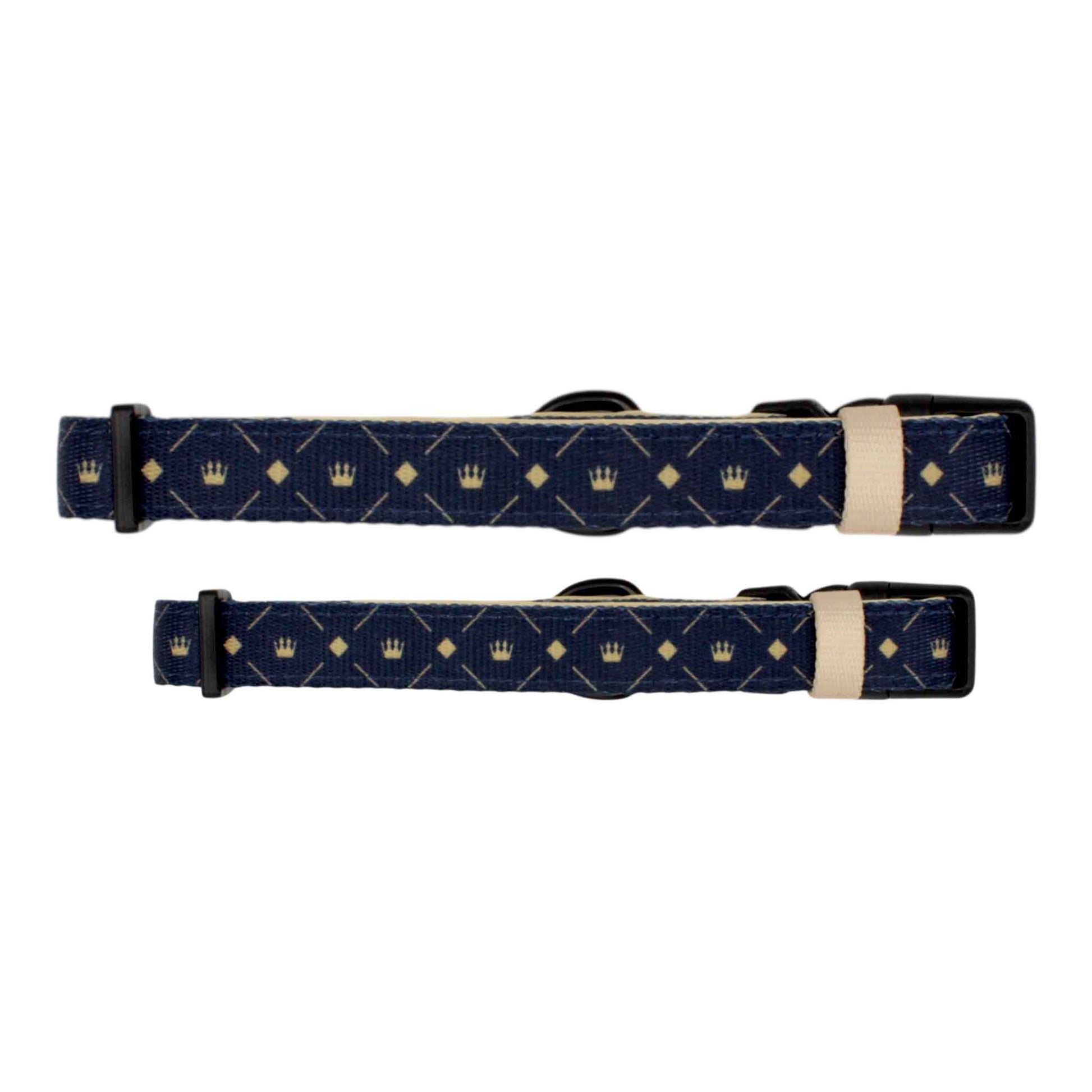 adjustable dog collar midnight blue and beige with crowns and diamonds