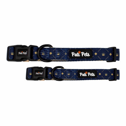 adjustable dog collar midnight blue and beige with crowns and diamonds