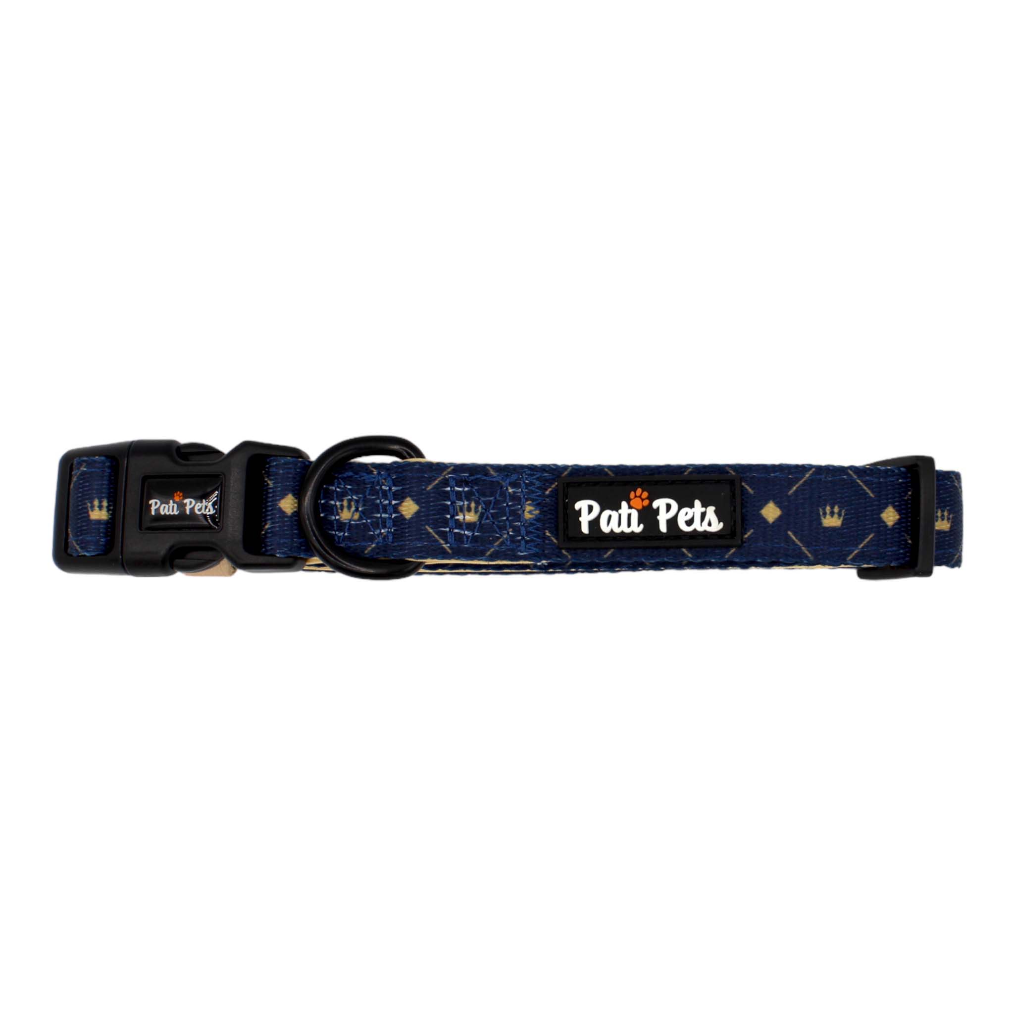 adjustable dog collar midnight blue and beige with crowns and diamonds