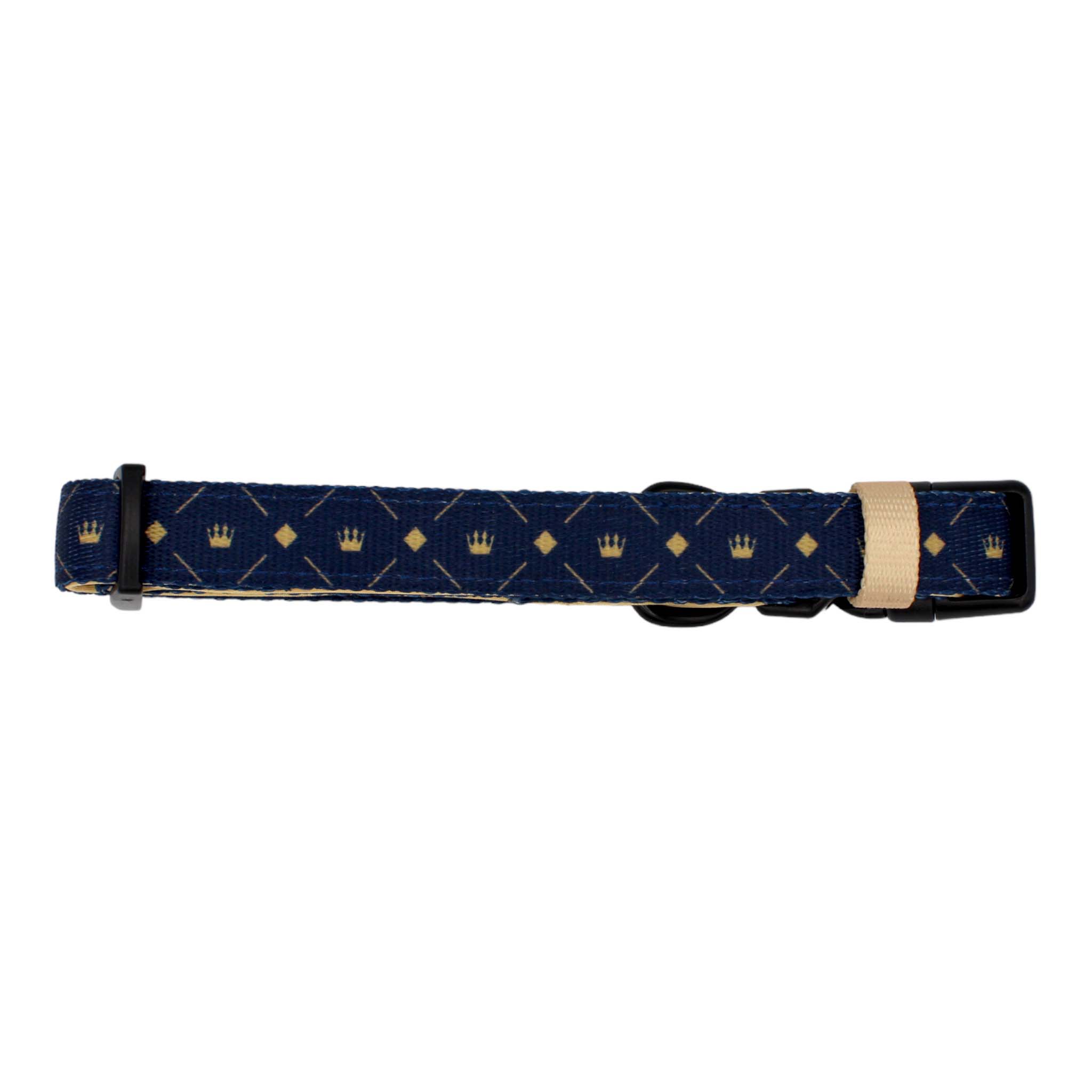 adjustable dog collar midnight blue and beige with crowns and diamonds