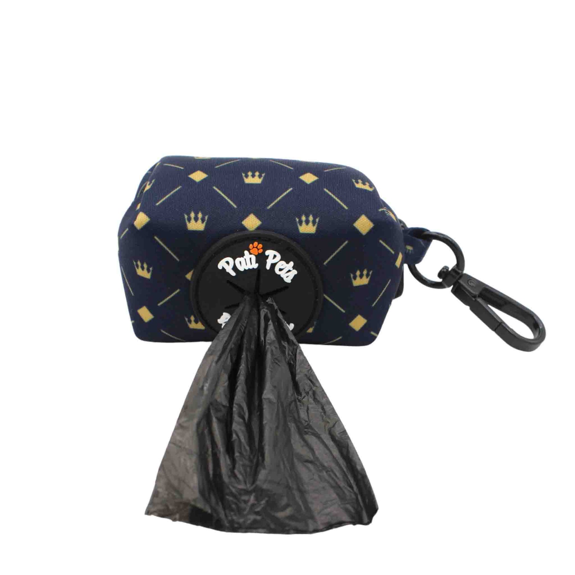  attachable dog waste bag holder midnight blue and beige with crowns and diamonds