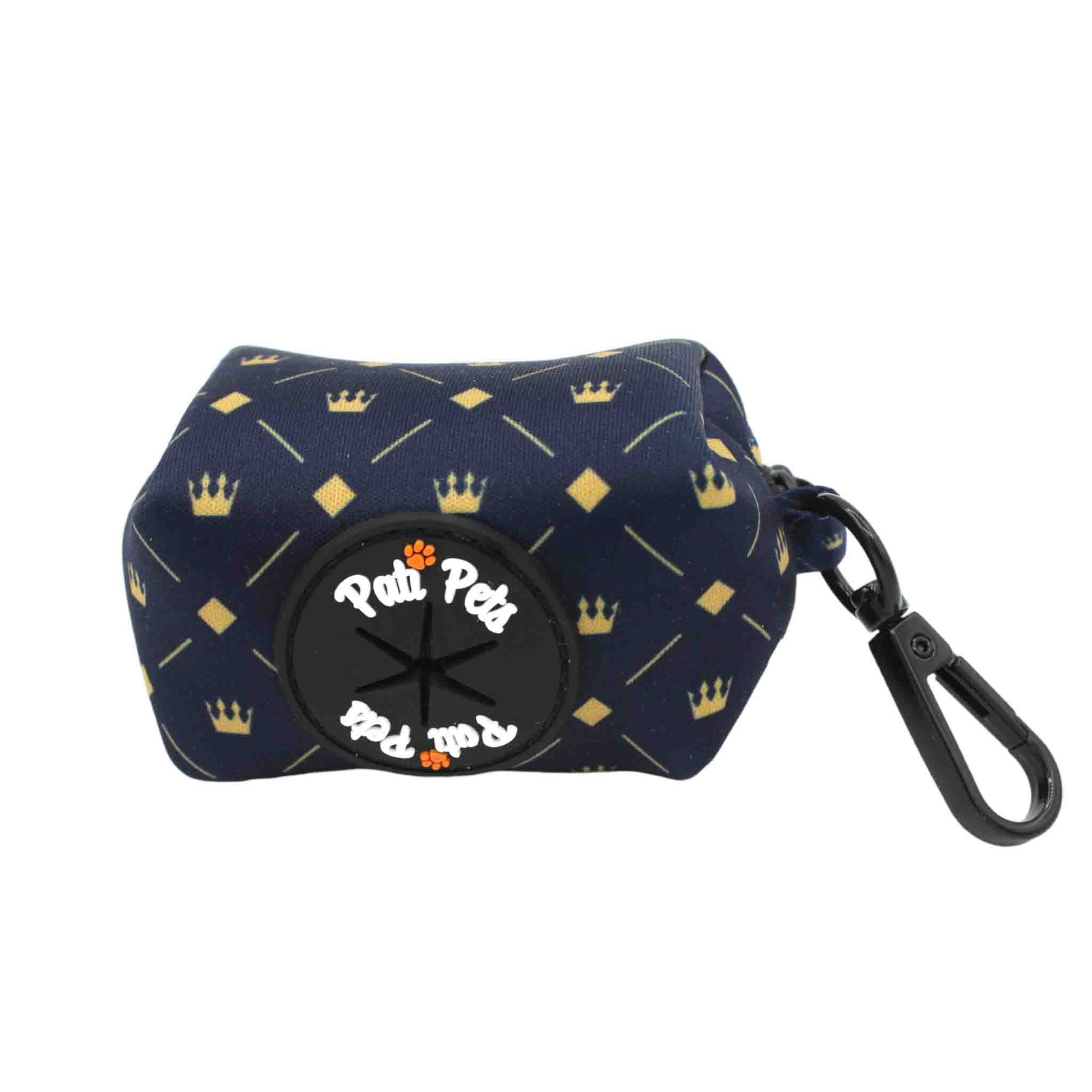  attachable dog waste bag holder midnight blue and beige with crowns and diamonds