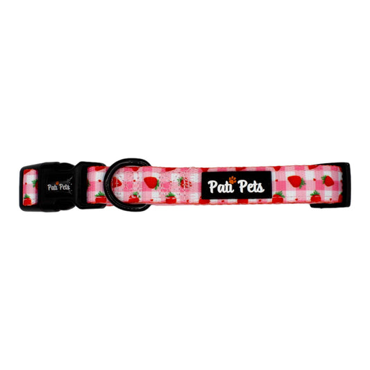 Designer adjustable dog collar pink and white with strawberries