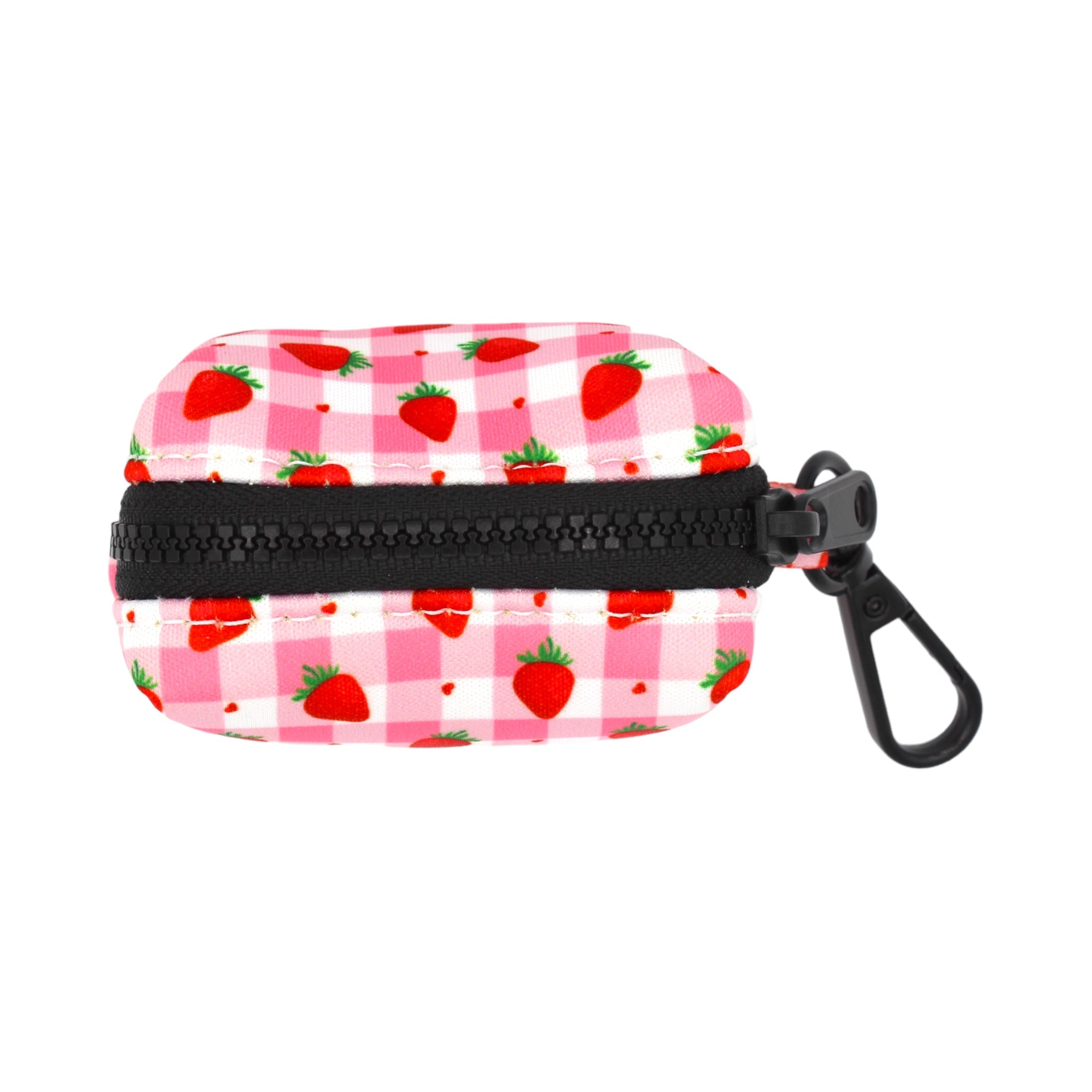 attachable dog waste bag holder pink and white with strawberries