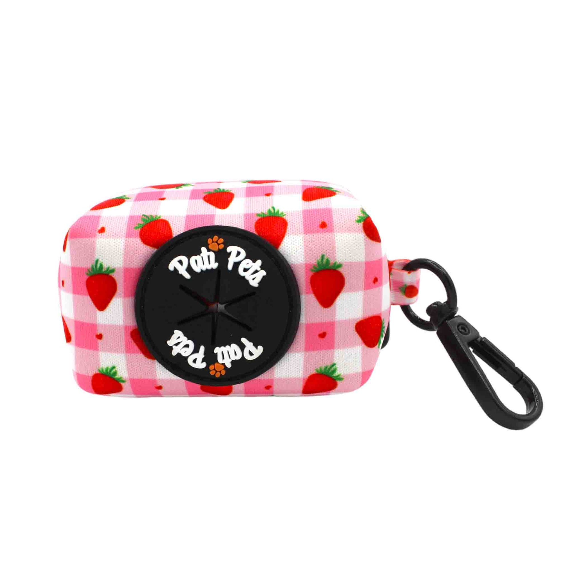 attachable dog waste bag holder pink and white with strawberries